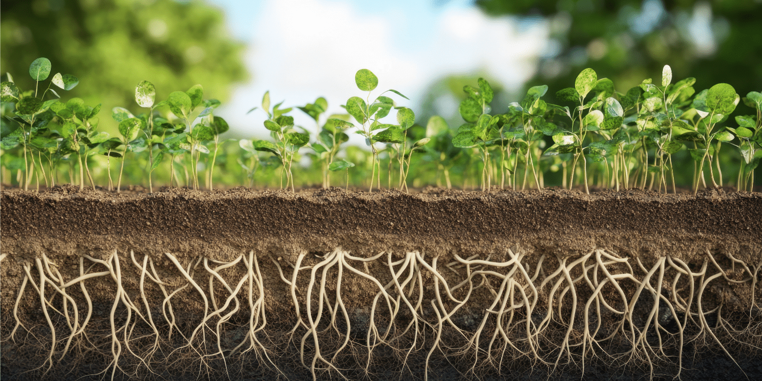 Seedings growing in soil with roots