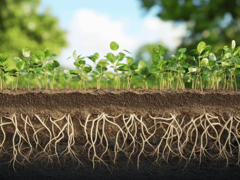 Seedings growing in soil with roots