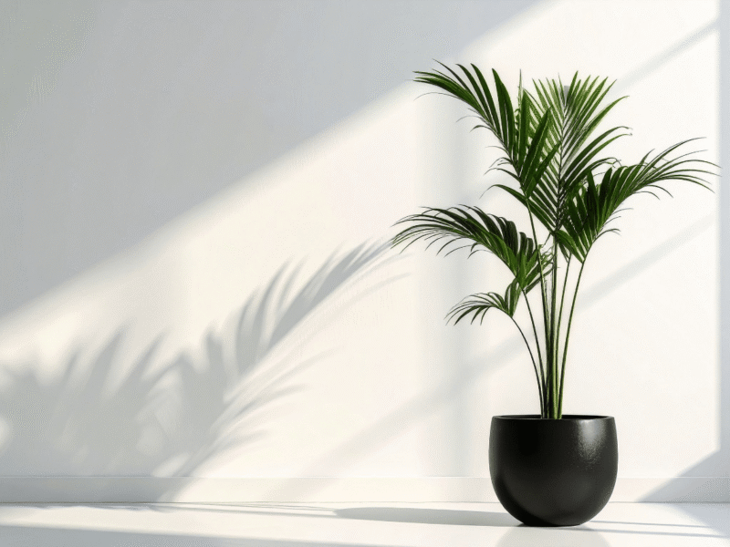 Areca palm plant in black pot with sunlight