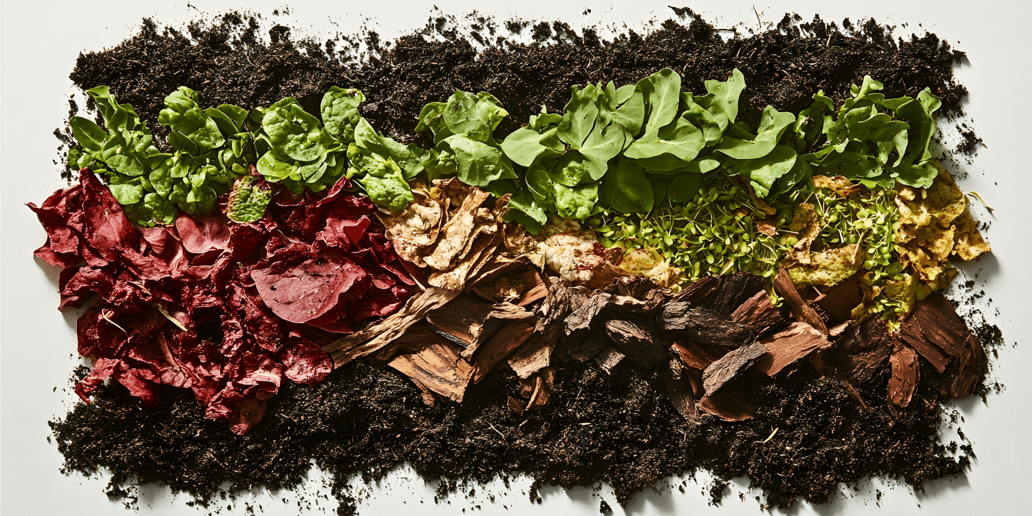 Compost ingredients arranged on soil