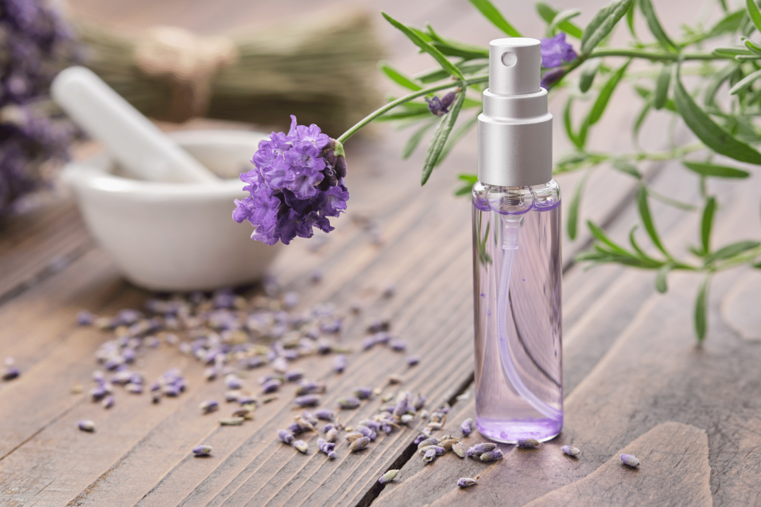 Spray bottle of lavender essential oil